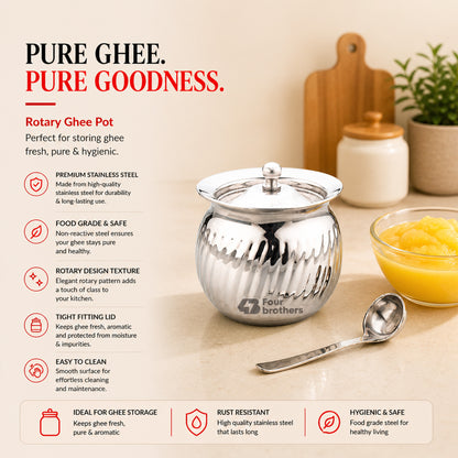 Rotary Stainless Steel Ghee Pot with Spoon