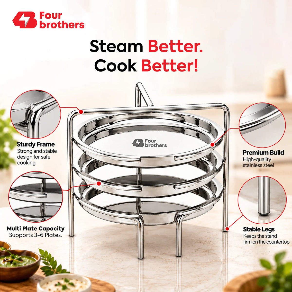 Dhokla Stand, Thattu Idly Stand Stainless Steel Steamer Plate | Four Brothers
