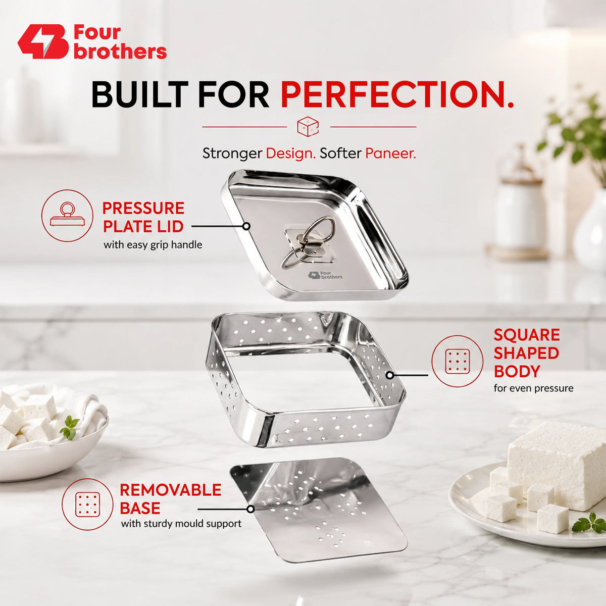 Four Brothers Stainless Steel Paneer Mould made from food grade steel with drainage holes for whey separation