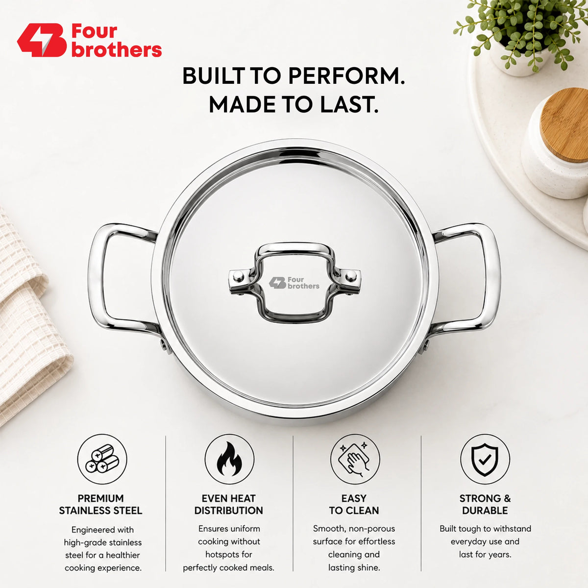 Tri-Ply Stainless Steel Stew Pot with Lid | Four Brothers