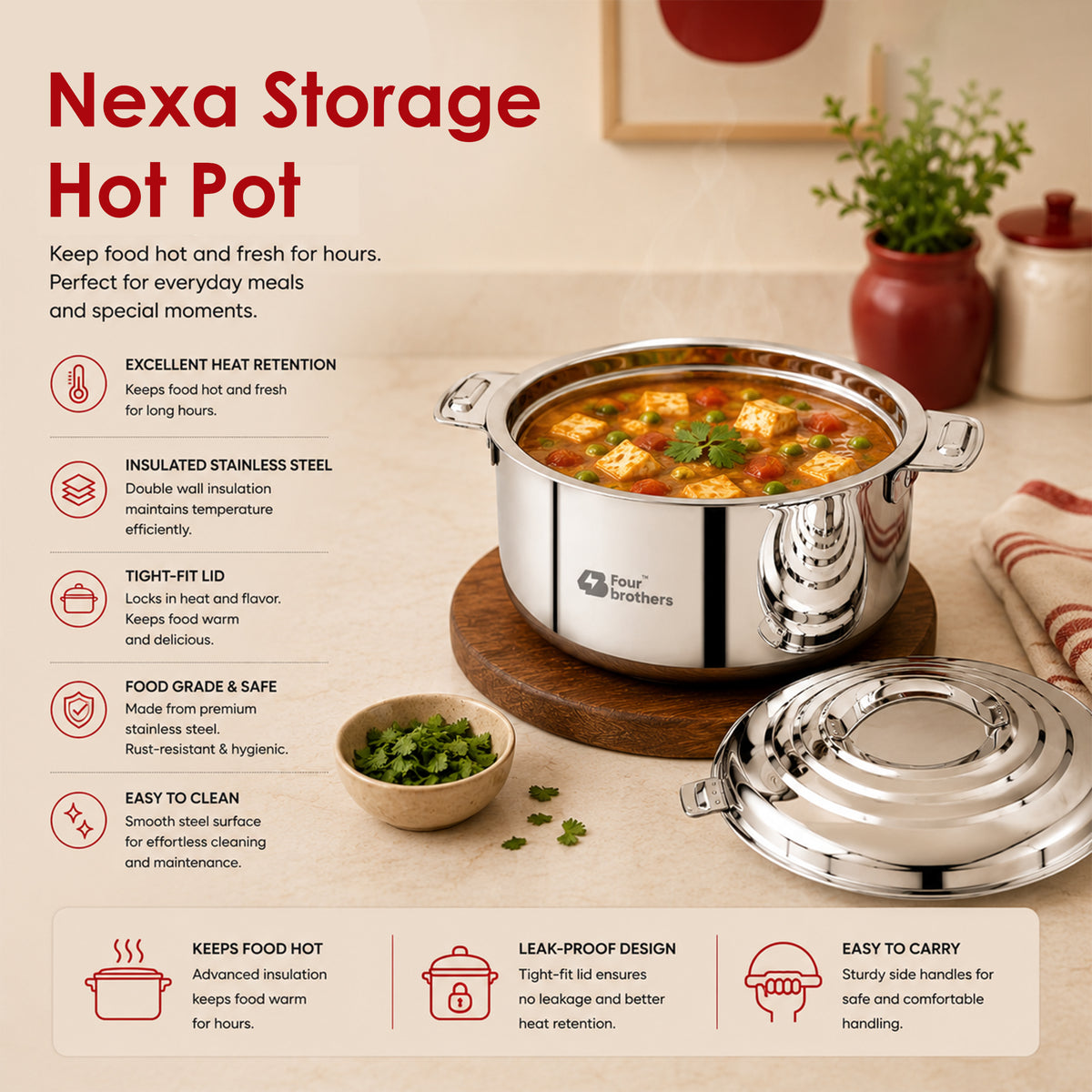 Nexa double wall stainless steel casserole hot pot