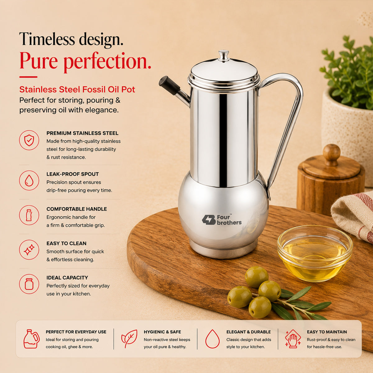 Fossil Stainless Steel Oil Storage Pot – Spill-Proof, 500ml to 1L