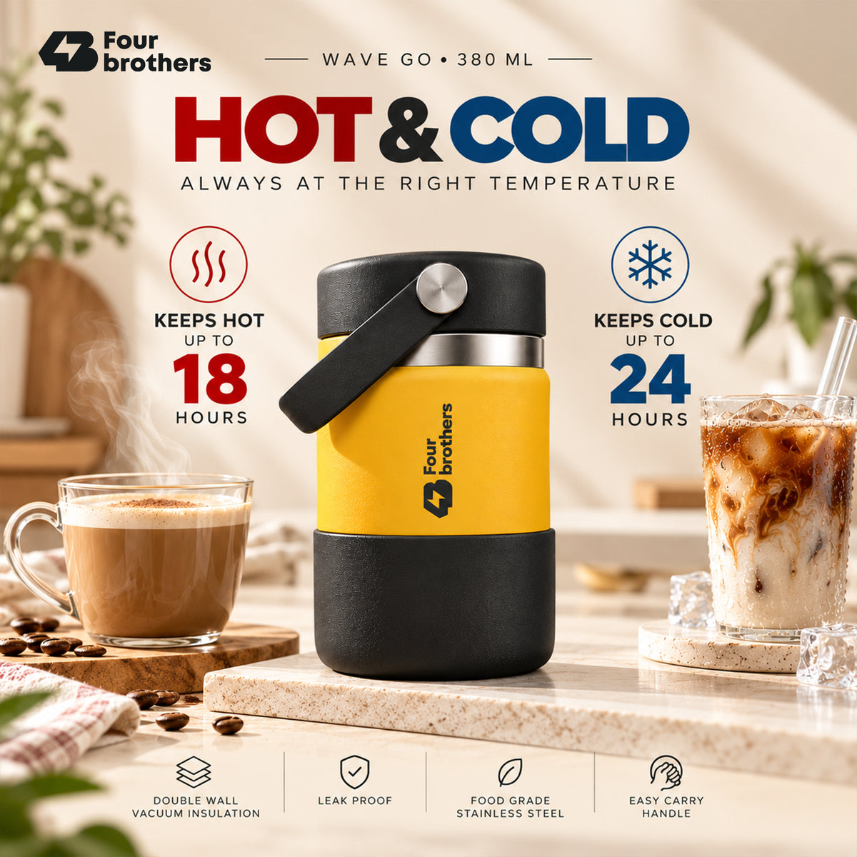 Wave Go Hot and Cold 304 Stainless Steel Wide Mouth Flask 380ml Four Brothers