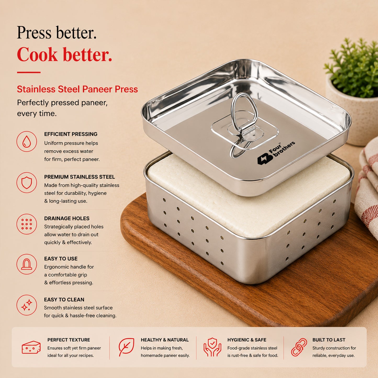 Stainless Steel Paneer Mould – 550ML Capacity (Square Shape)