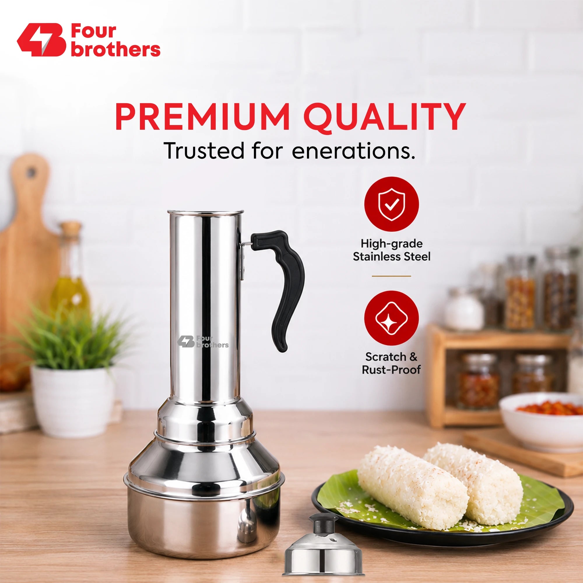 Puttu Kodam Stainless Steel Puttu Maker, Flat and Bulging | Four Brothers