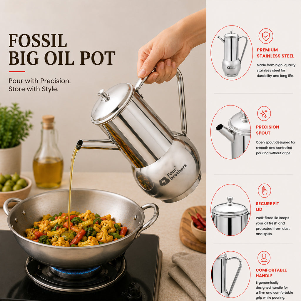 Fossil Stainless Steel Oil Storage Pot – Spill-Proof, 500ml to 1L