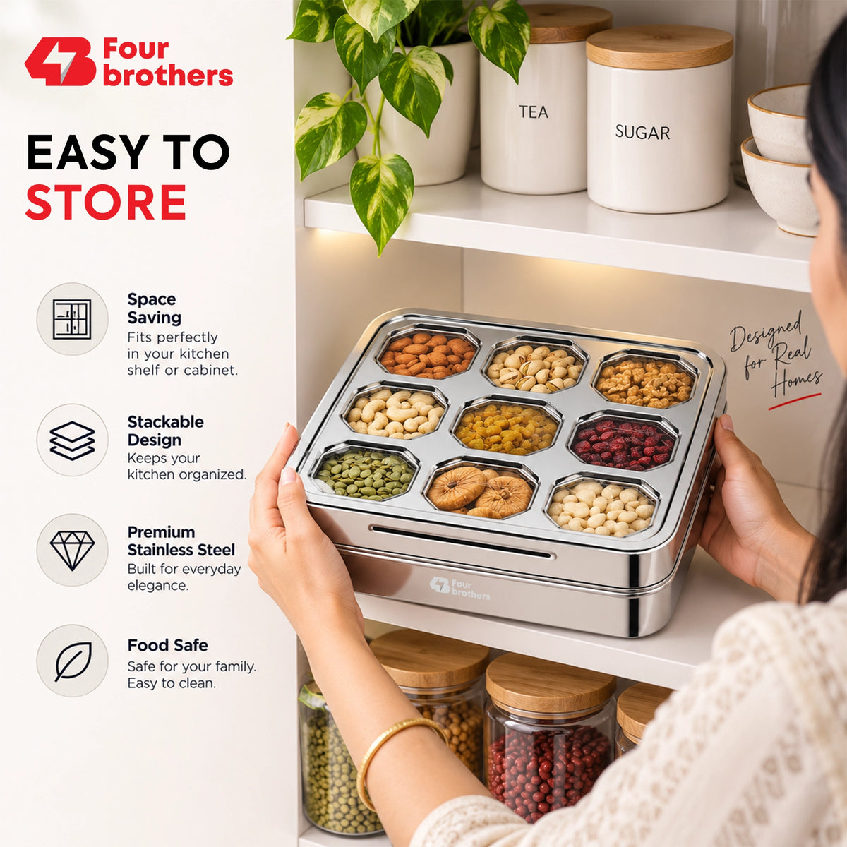 Matrix Stainless Steel Spice & Dry Fruit Box, 9 in 1 | Four Brothers