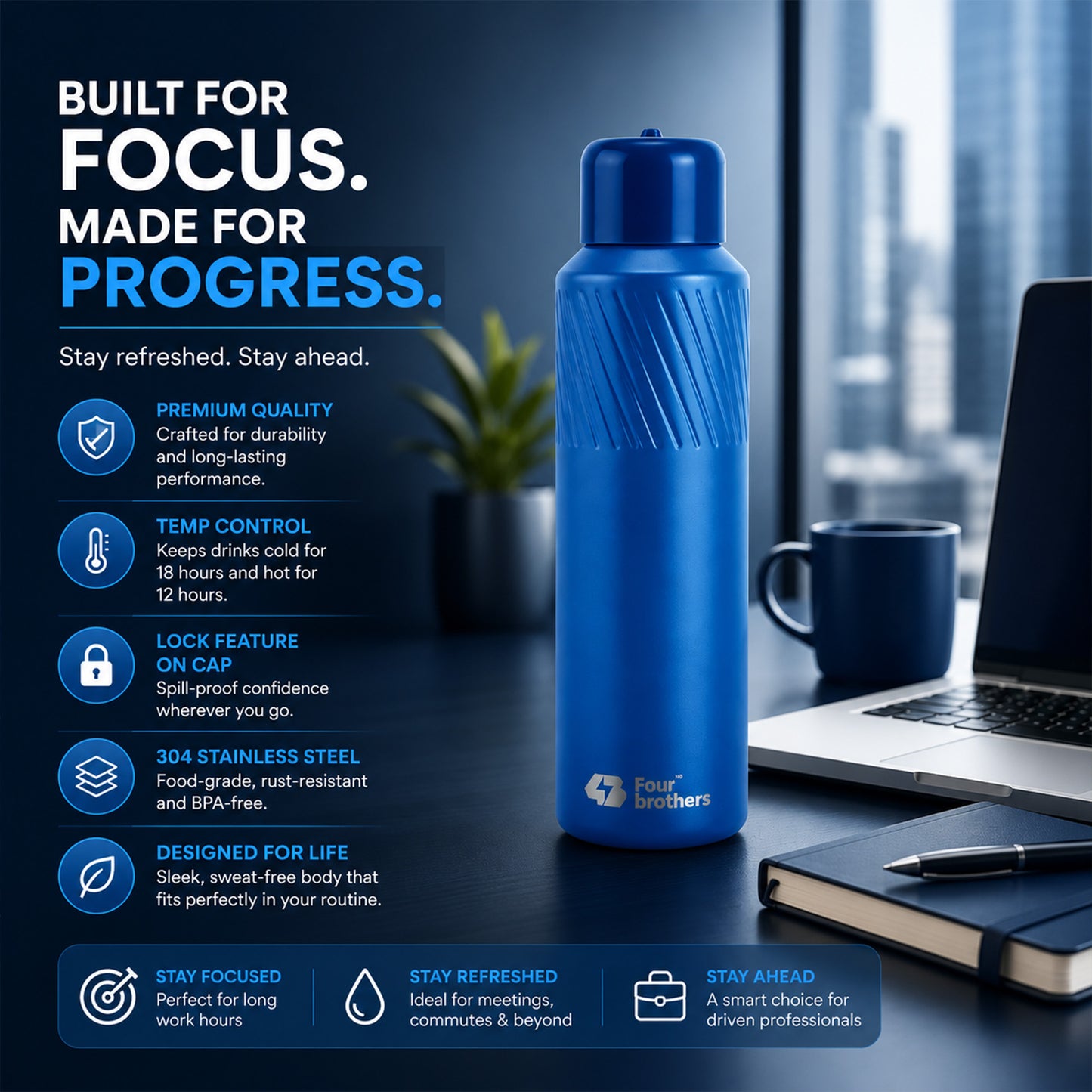 Four Brothers Insulated Water Bottle ( Aqua ) – 18Hr Hot & 24Hr Cold Stainless Steel Flask (Leakproof)