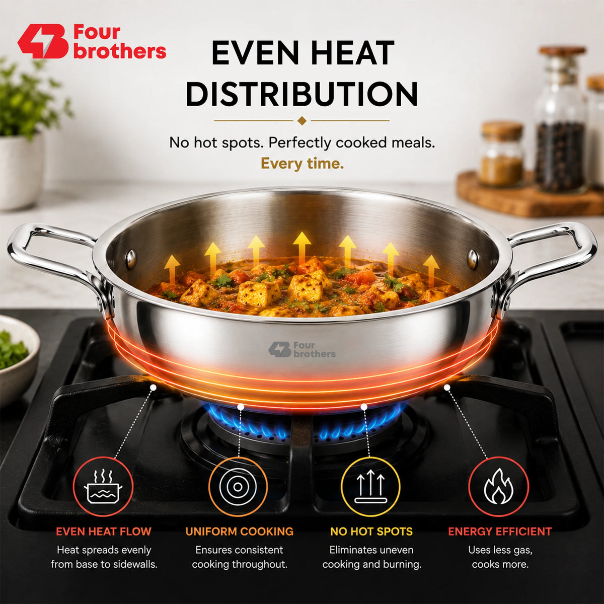 Triply Stainless Steel Kadai with Lid, Induction & Gas | Four Brothers