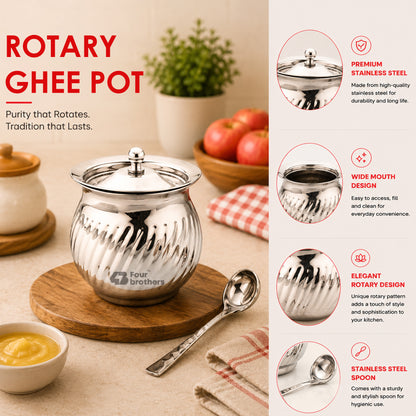 Rotary Stainless Steel Ghee Pot with Spoon
