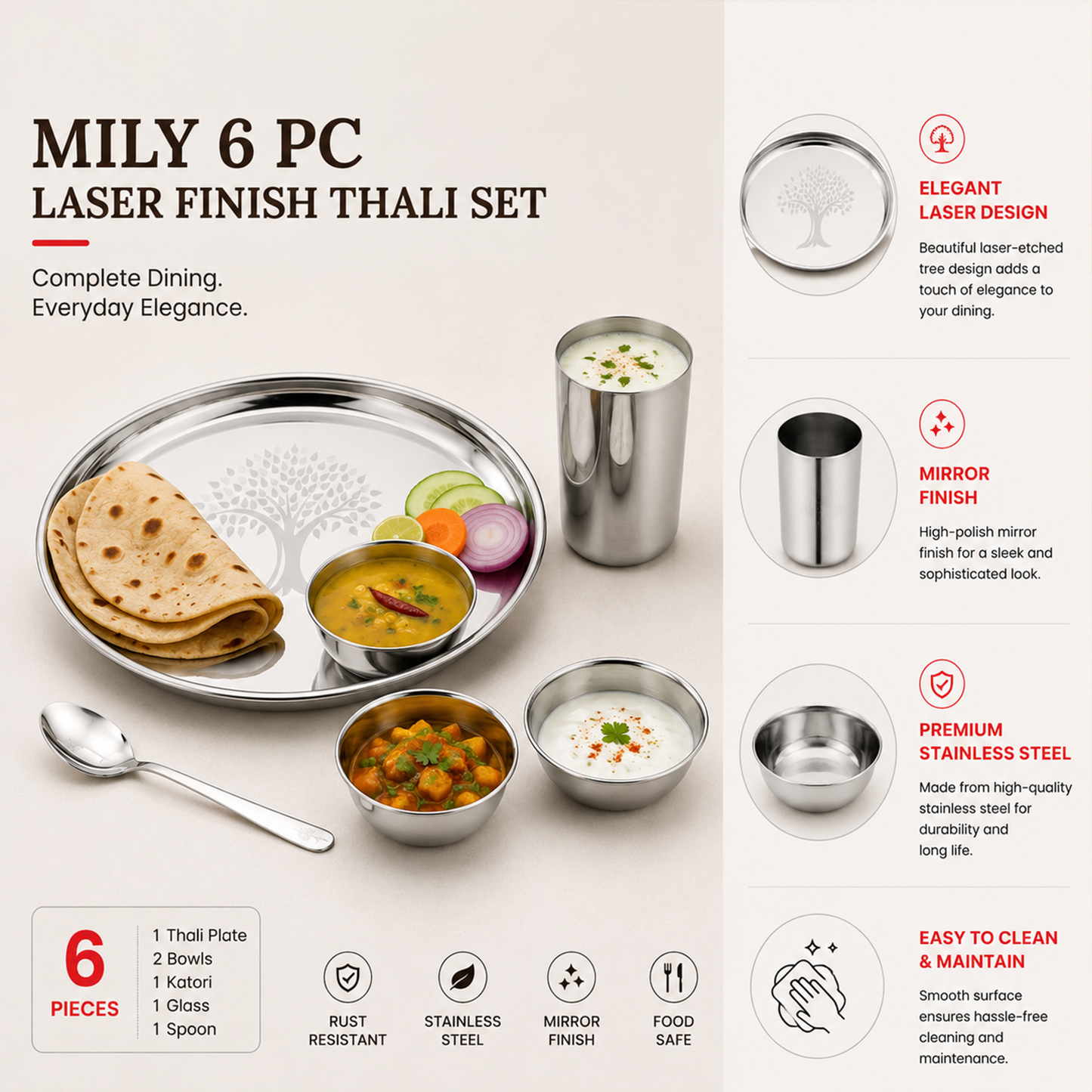 Mily Stainless Steel Thali Set – Laser Print Finish