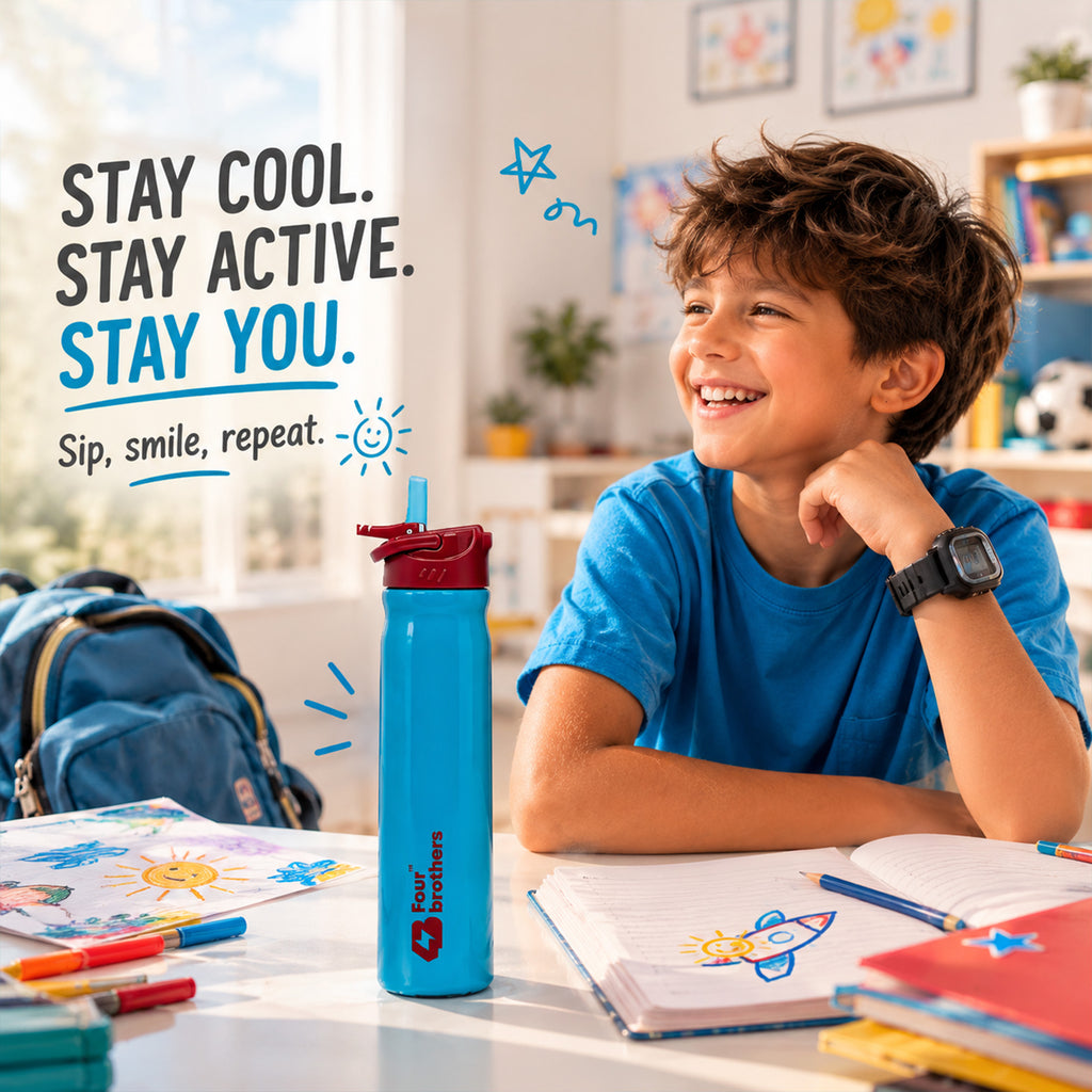Four Brothers Stainless Steel Sipper Bottle ( Sippy ) – Single Wall, Leakproof Straw Water Bottle