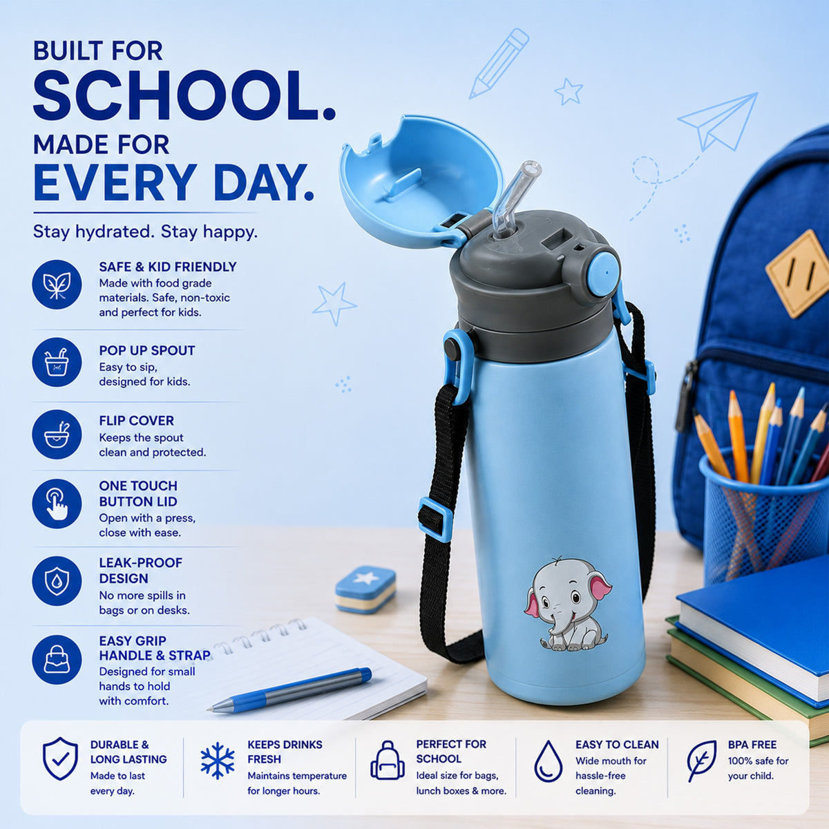 Four Brothers Kids Insulated Sipper Bottle - 750ml - 18Hr Hot & 24Hr Cold, Leakproof with Straw