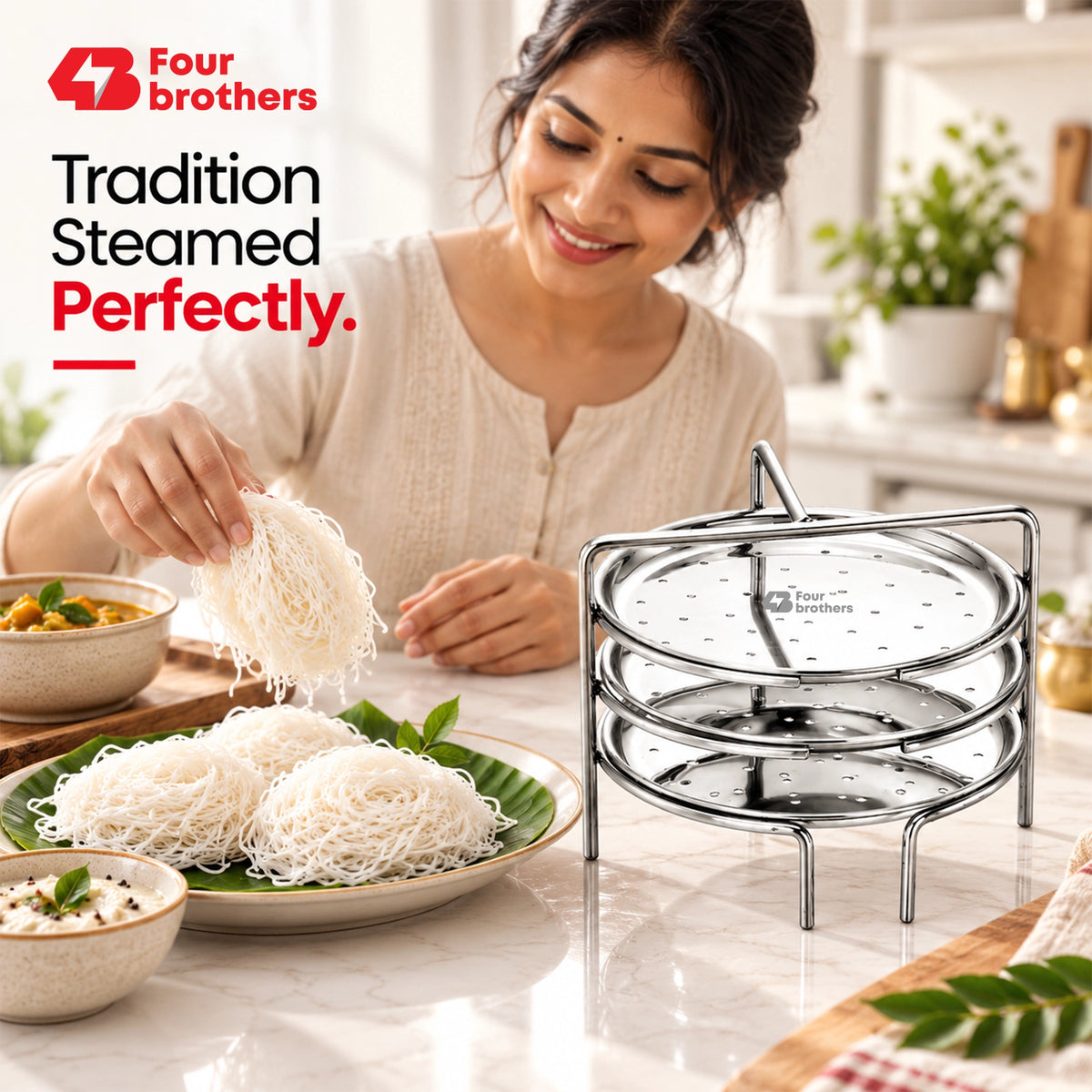Idiyappam Stand Stainless Steel Steamer Plate, 3 to 6 Plates | Four Brothers
