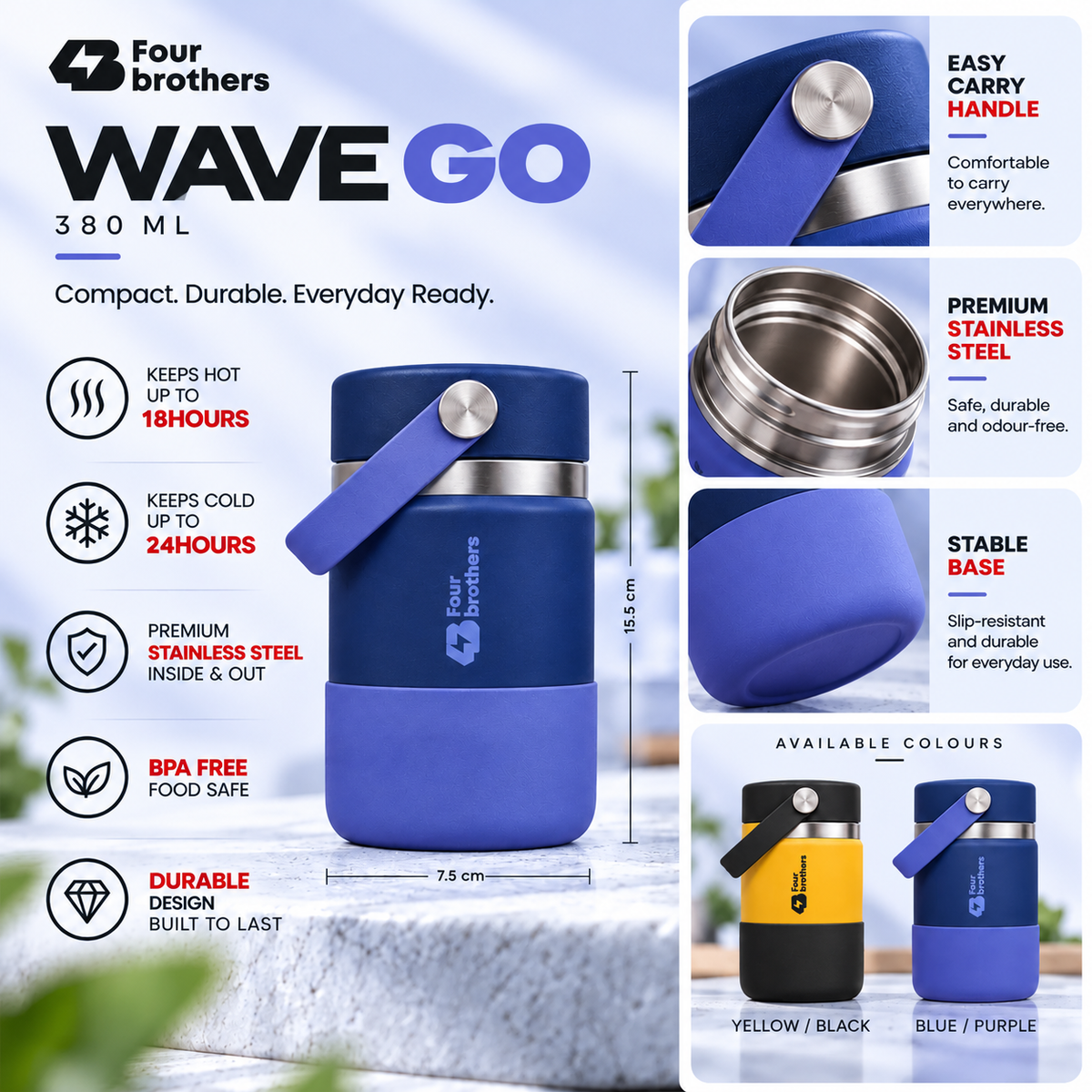 Wave Go Hot and Cold 304 Stainless Steel Wide Mouth Flask 380ml Four Brothers
