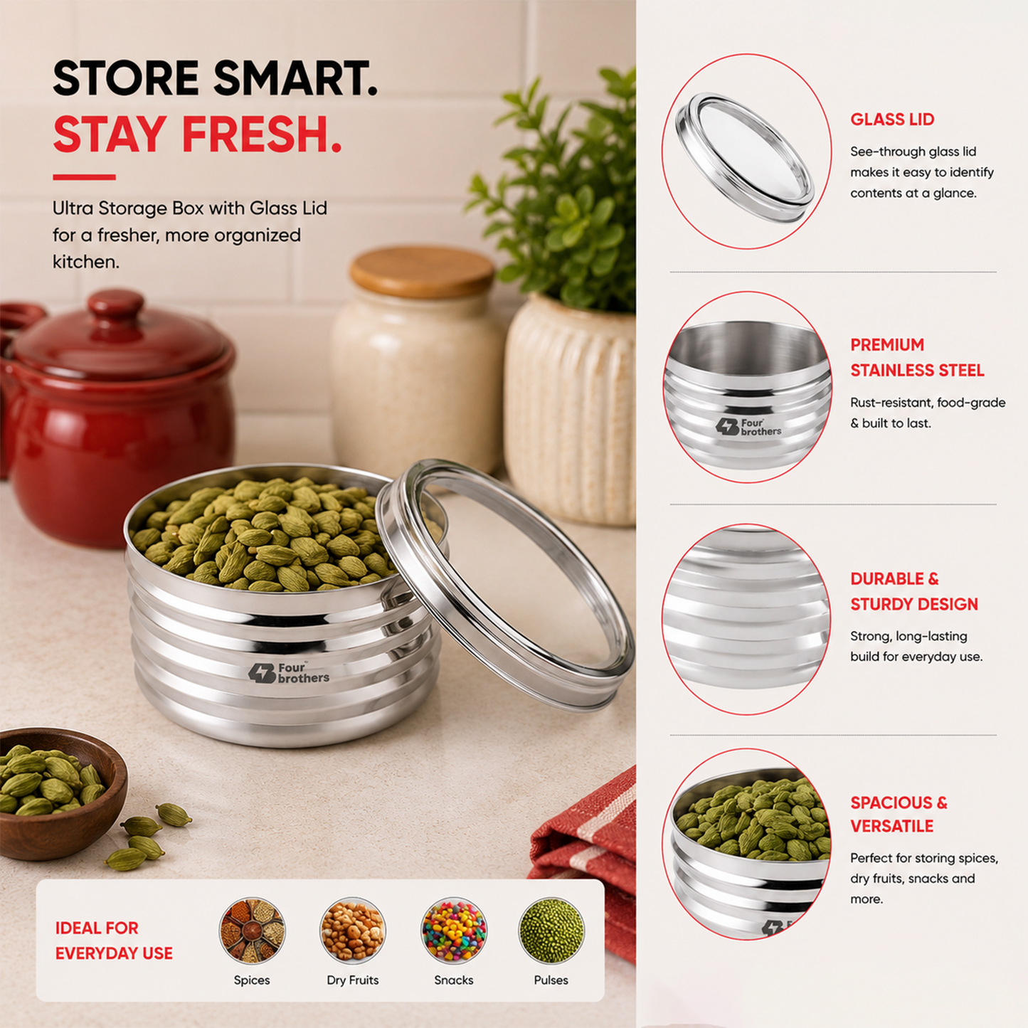 Ultra Storage Stainless Steel Box with See‑Through Lid