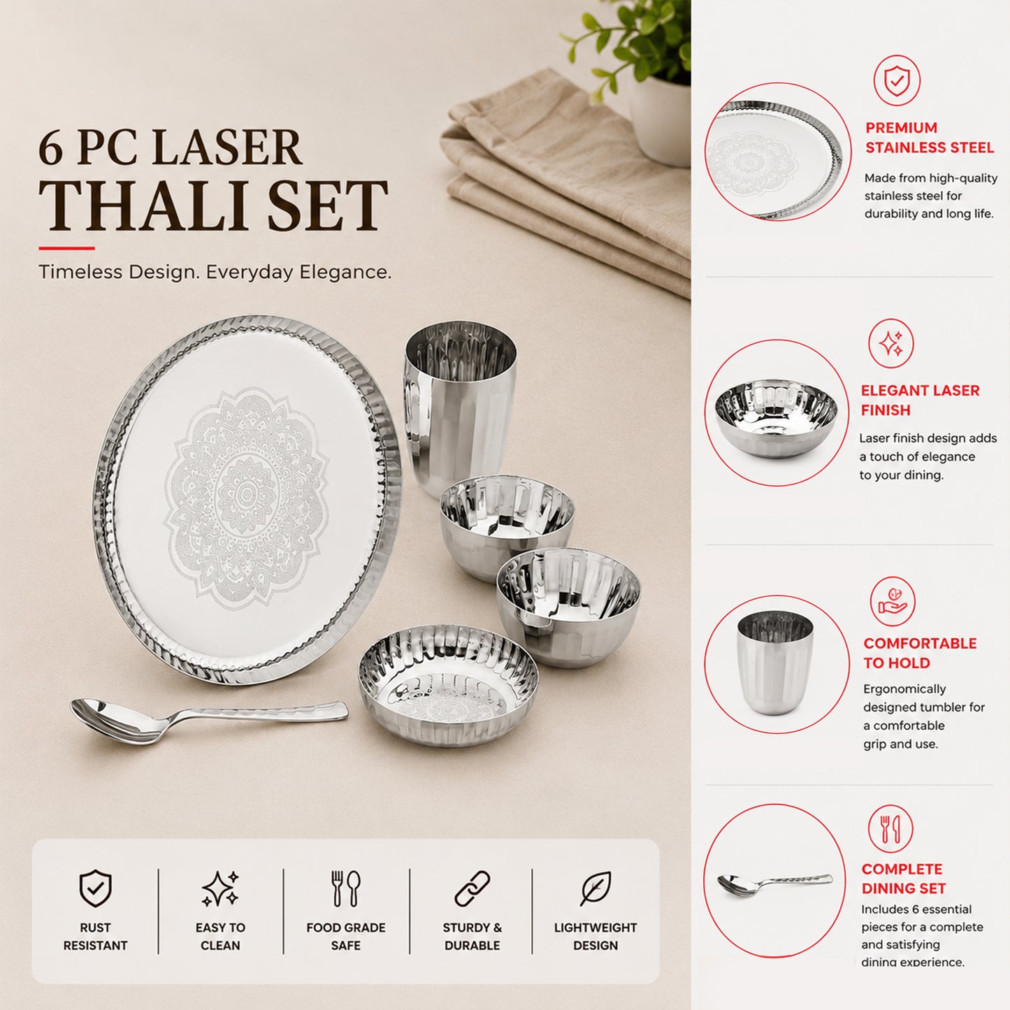Classic Stainless Steel Thali Set – Laser Print Finish