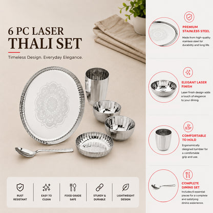 Classic Stainless Steel Thali Set – Laser Print Finish