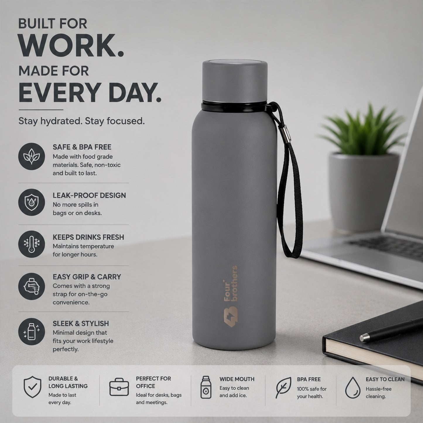 Four Brothers Insulated Water Bottle( Storm ) – 18Hr Hot & 24Hr Cold Stainless Steel Flask (Leakproof)