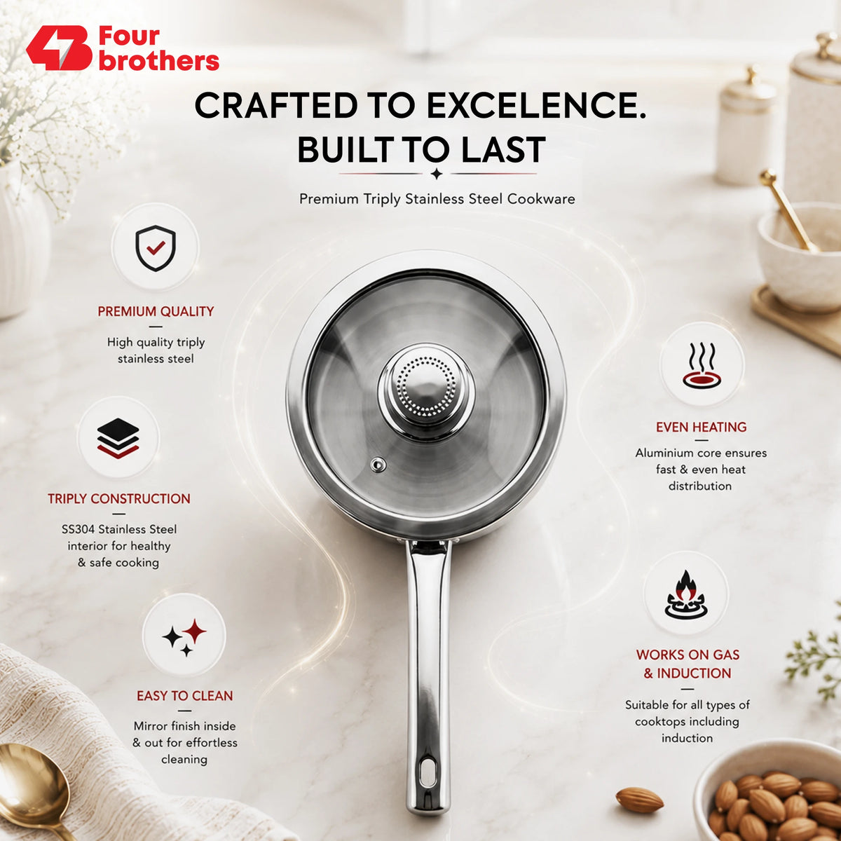 Stainless Steel Triply Saucepan with Toughened Glass Lid | Four Brothers