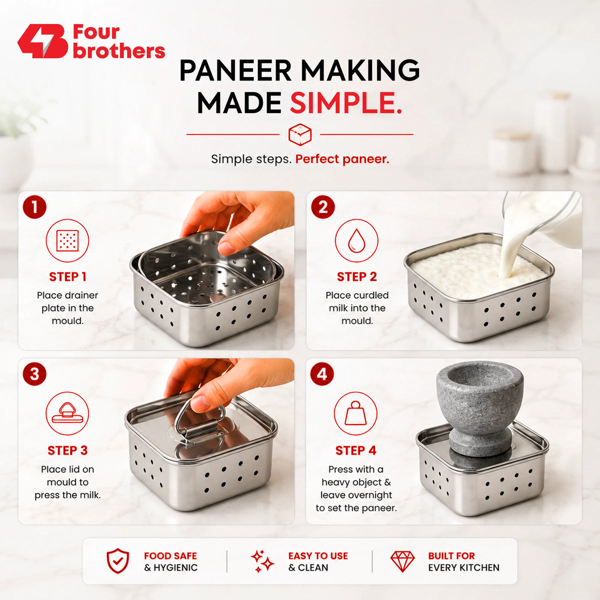 Step by step guide to making paneer at home with the Four Brothers Stainless Steel Paneer Mould