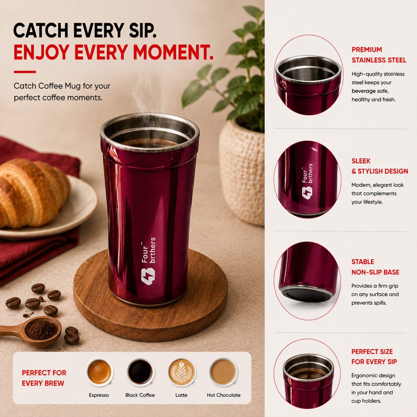 Catch Coffee Mug with Lid – Double Wall | 304 Stainless Steel (280ml)