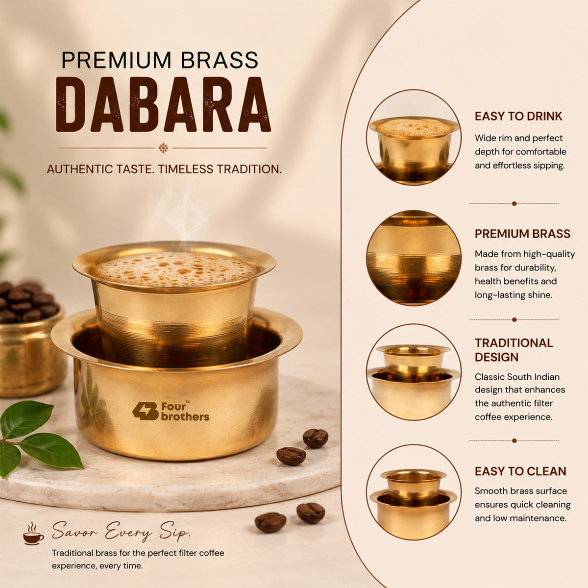 Traditional Pure Brass Coffee Dabra Set | Four Brothers