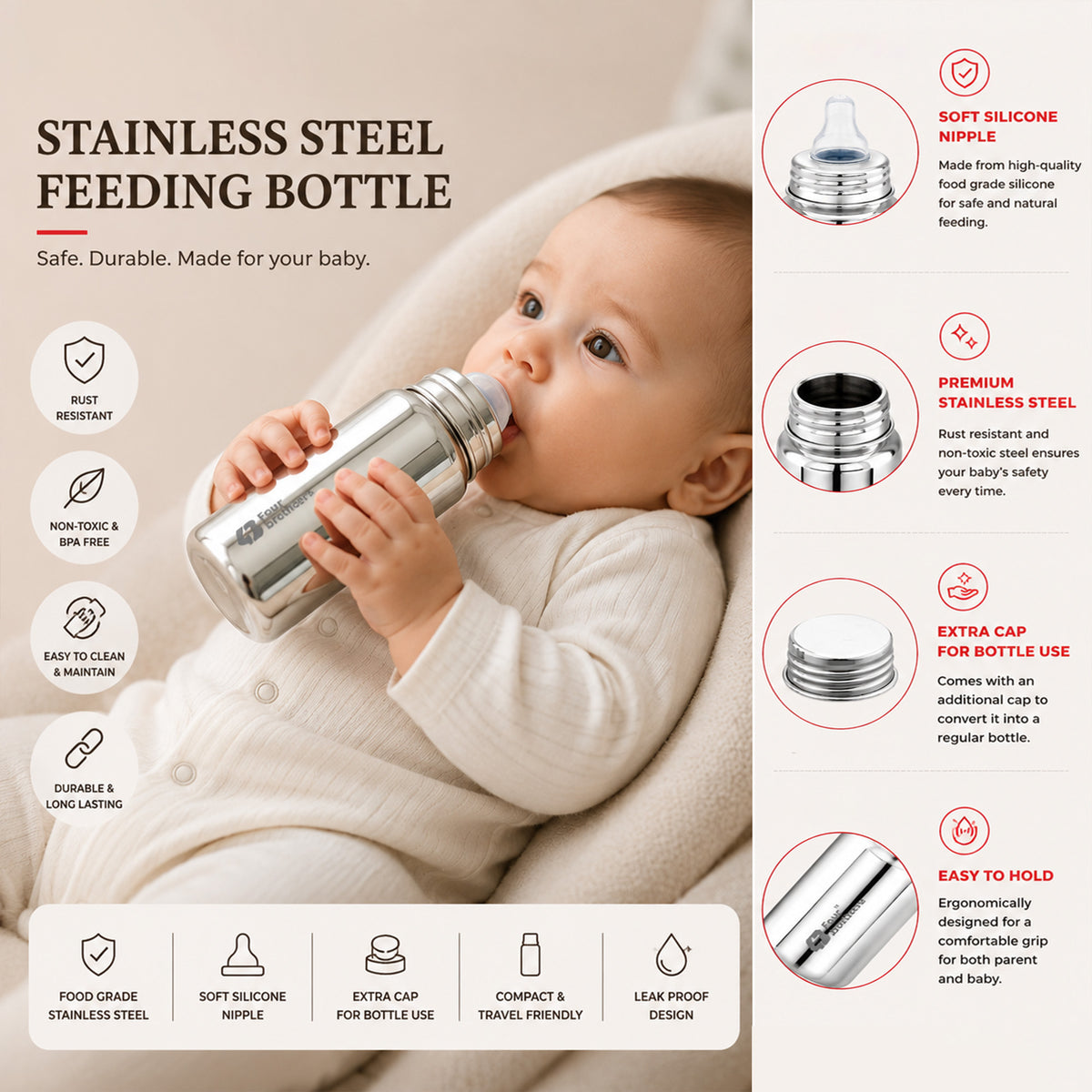 304 Stainless Steel Baby Feeding Bottle and Porrin Combo | Four Brothers