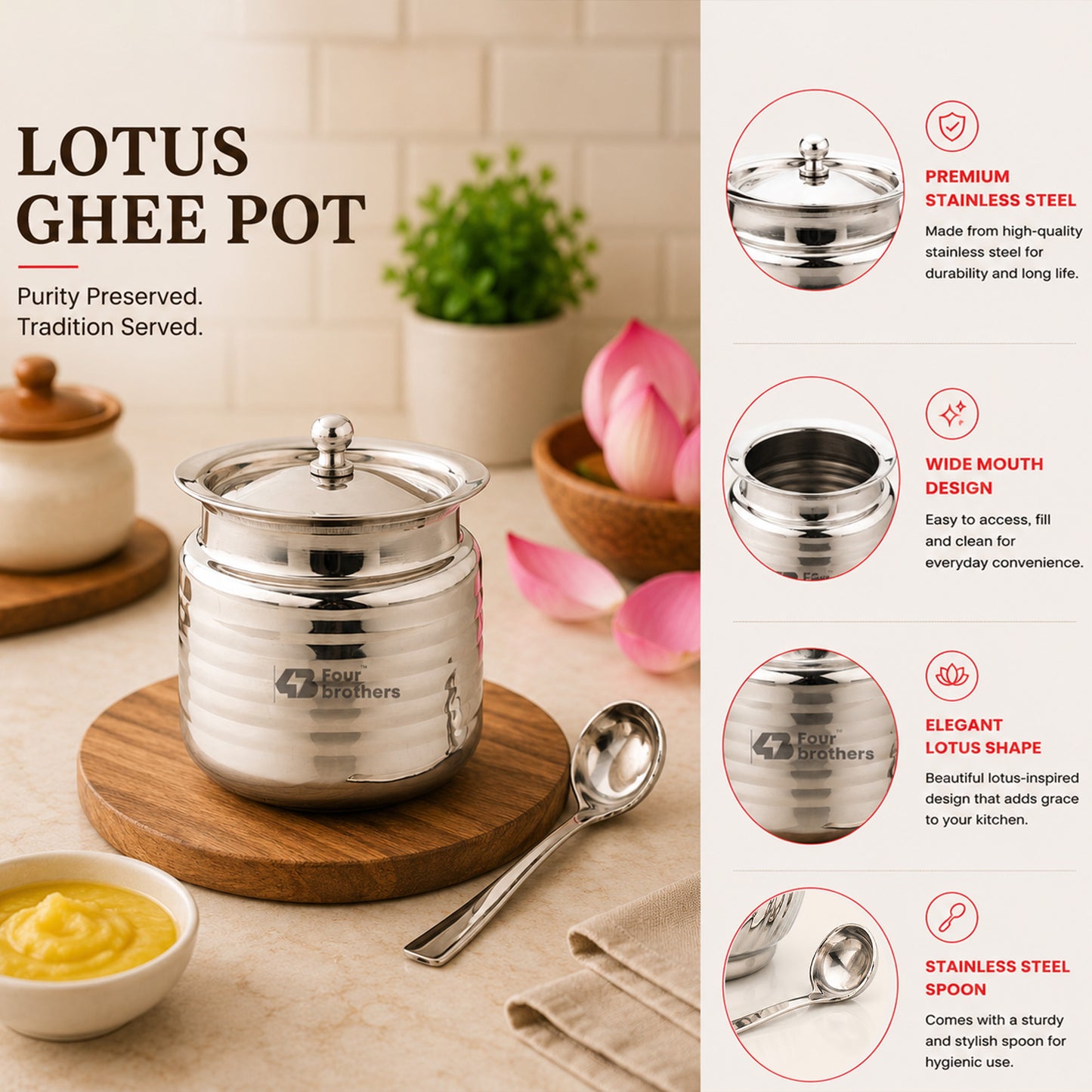 Lotus Stainless Steel Ghee Pot with Spoon