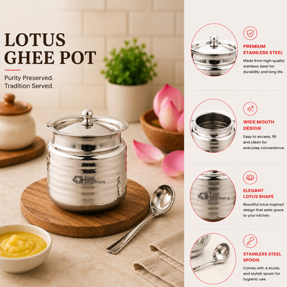 Lotus Stainless Steel Ghee Pot with Spoon