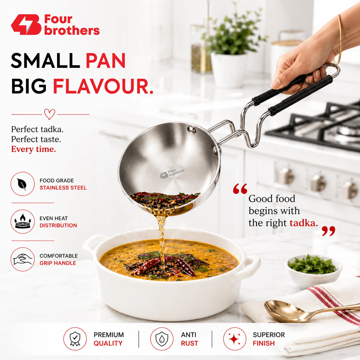 Triply Stainless Steel Tadka Pan, Induction & Gas | Four Brothers
