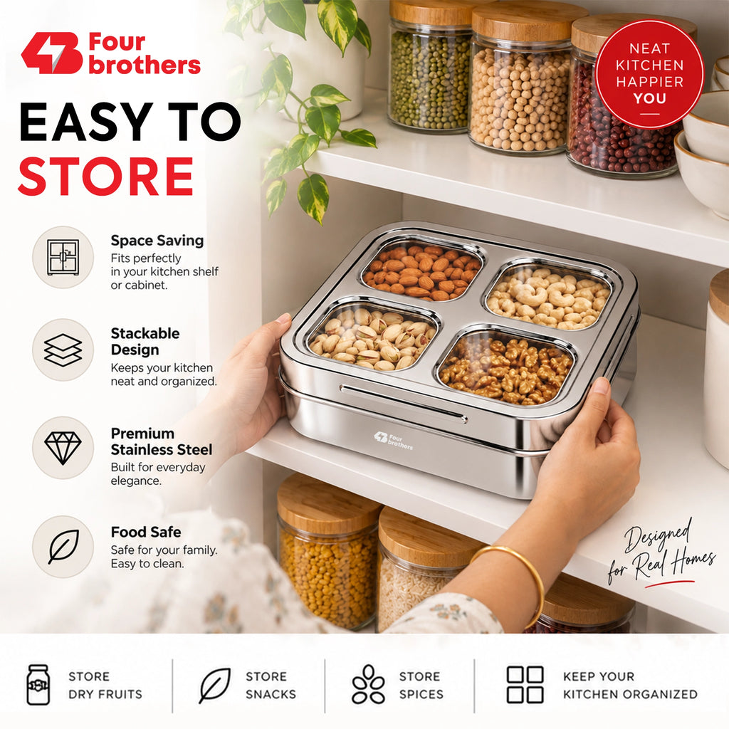Matrix Stainless Steel Spice & Dry Fruit Box, 4 in 1 | Four Brothers