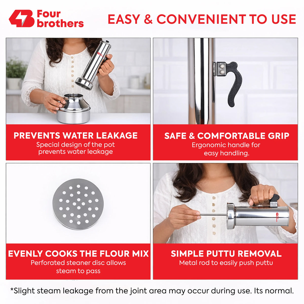 Puttu Kodam Stainless Steel Puttu Maker, Flat and Bulging | Four Brothers