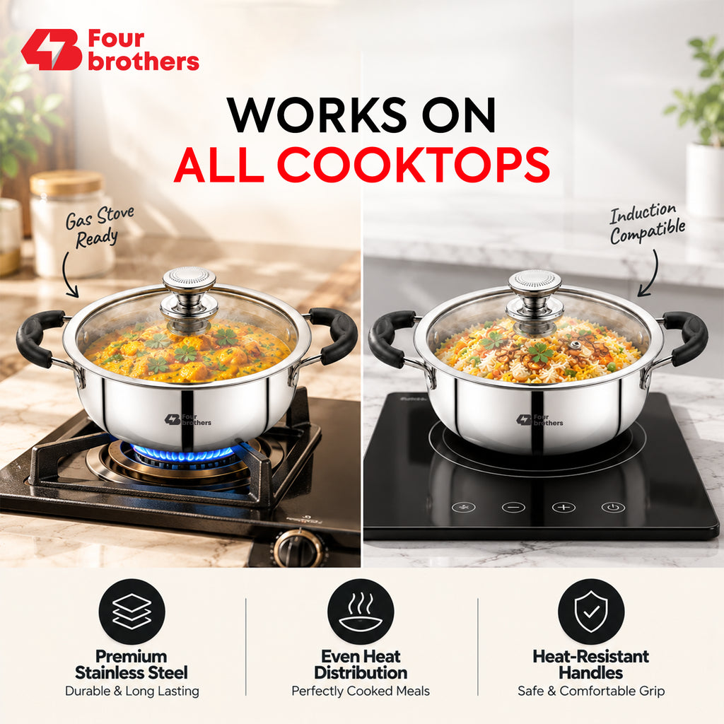 Stainless Steel Feast Kadai with Glass Lid (3 Litres) | Four Brothers
