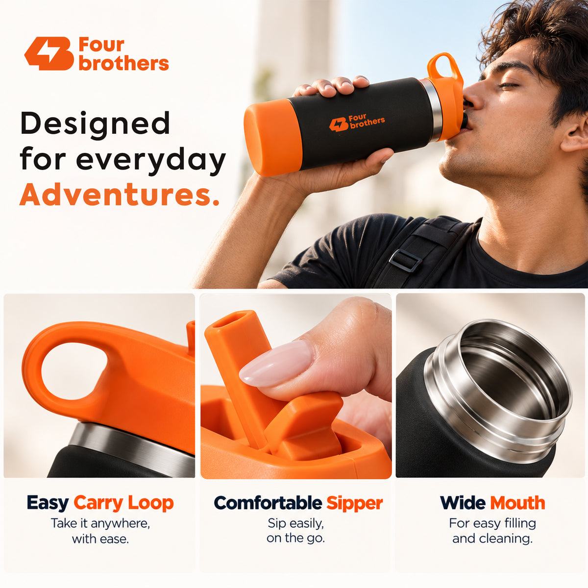 Wave Active Hot and Cold Stainless Steel Straw Bottle 600ml Four Brothers