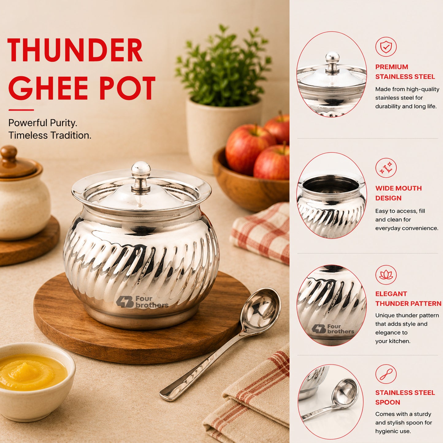 Thunder Stainless Steel Ghee/Oil Pot with Spoon