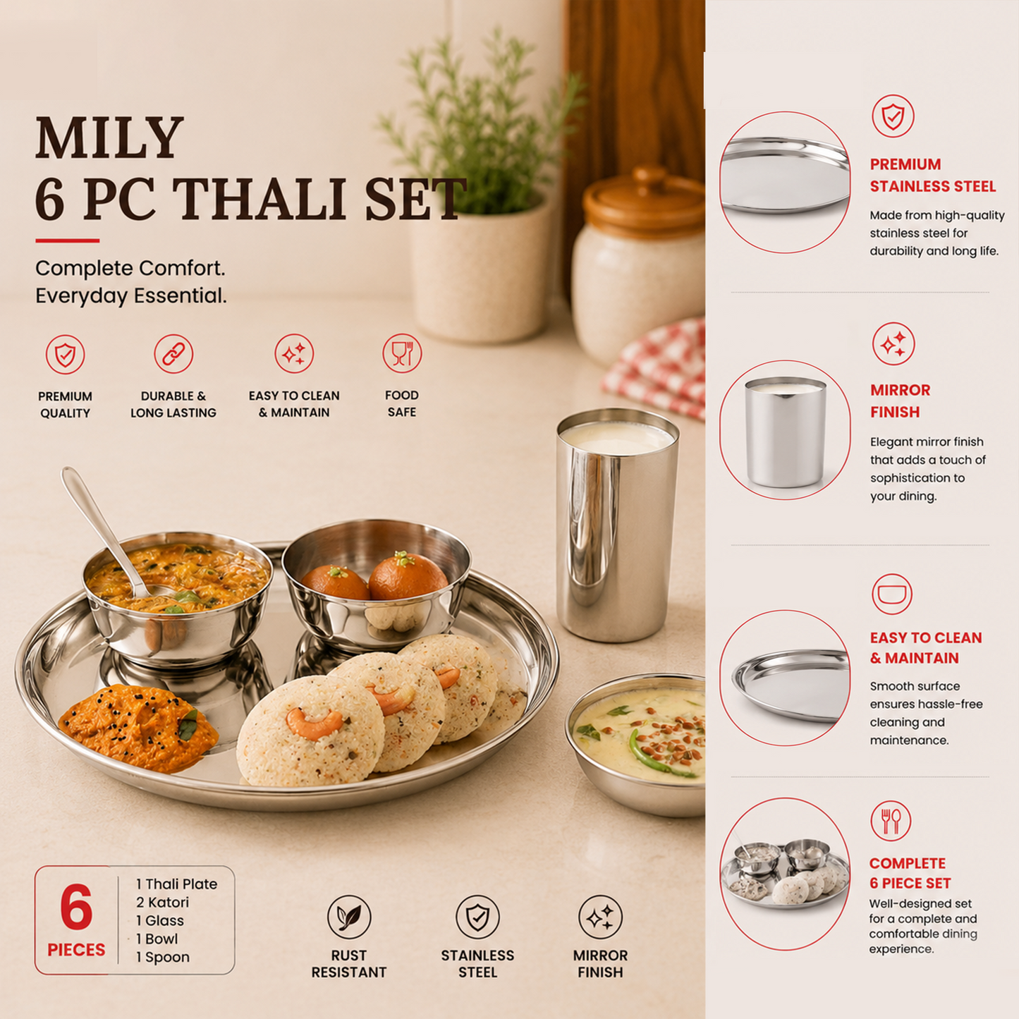 Mily Stainless Steel Thali Set – Regular Finish