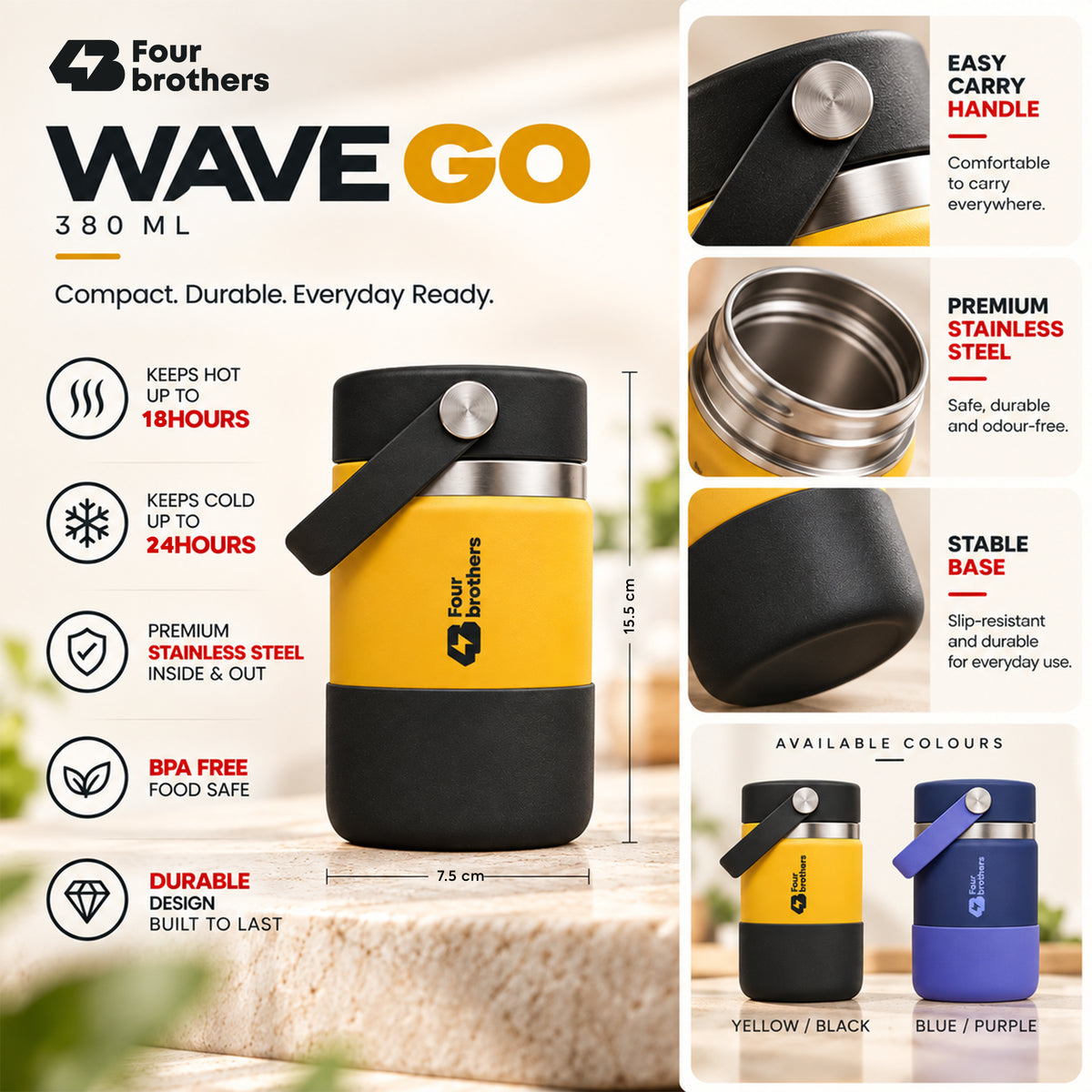 Wave Go Hot and Cold 304 Stainless Steel Wide Mouth Flask 380ml Four Brothers