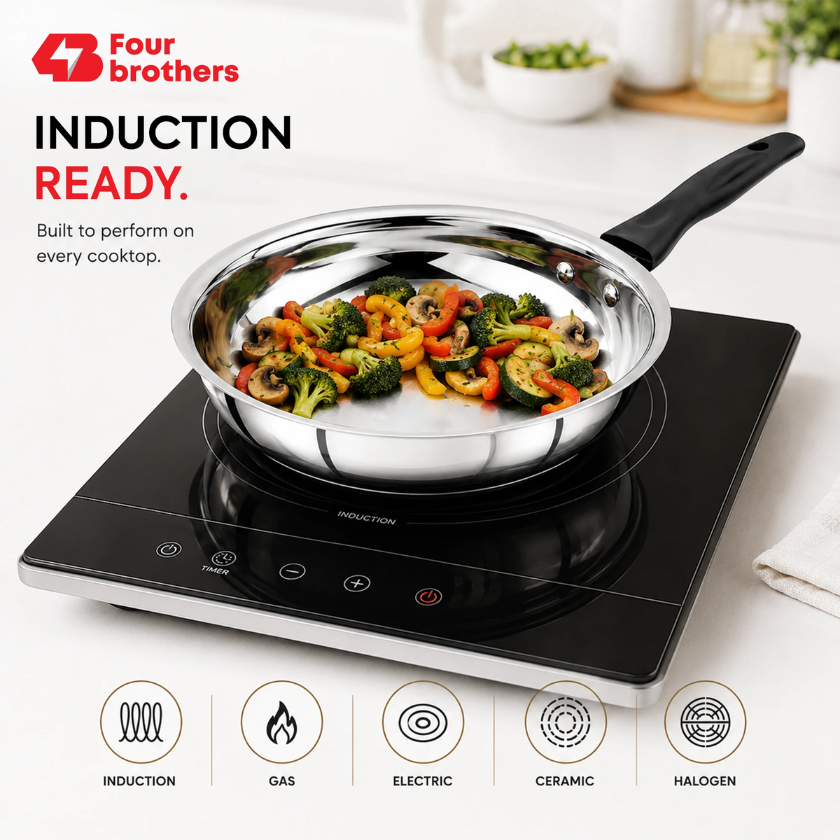 Premium Stainless Steel Frypan, Mirror Polish Finish | Four Brothers
