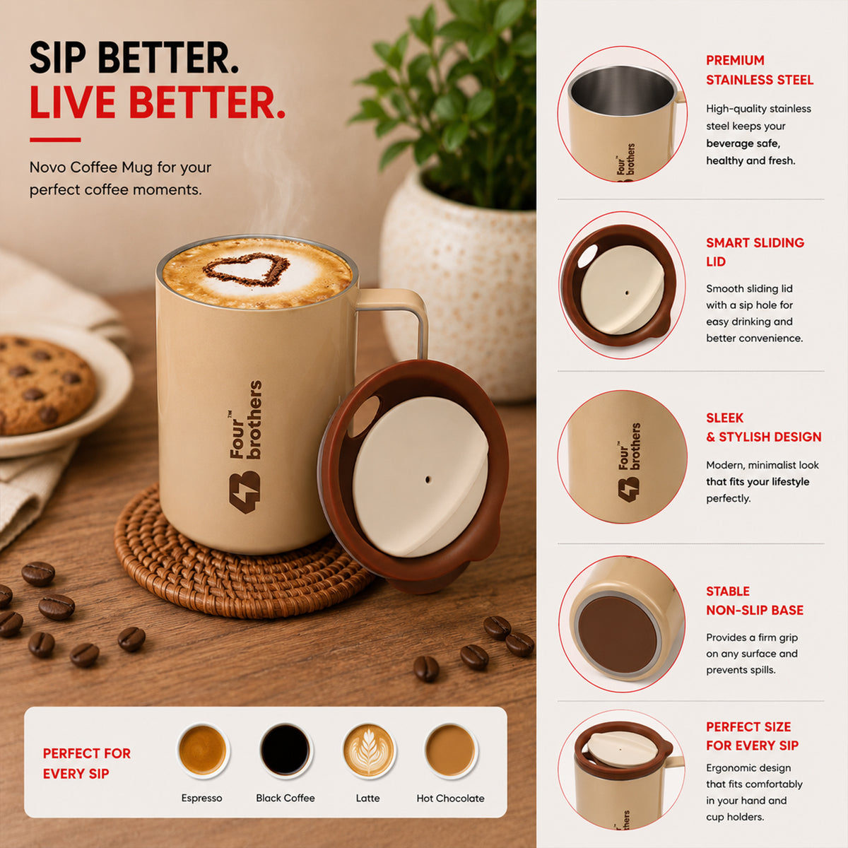 Novo Coffee Mug – Double Wall | 304 Stainless Steel (270ml)