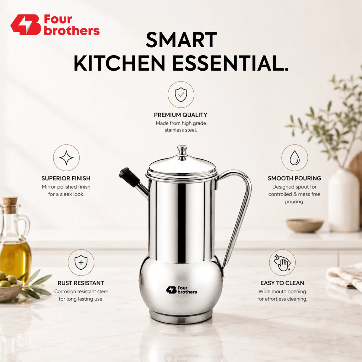 Fossil Stainless Steel Oil Pot, Spill-Proof | Four Brothers