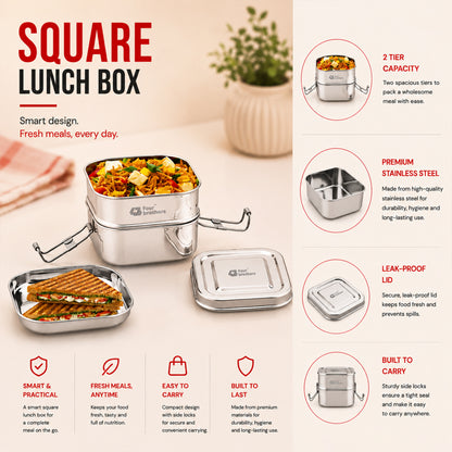 Square Lunch Box – Double Decker (100% Stainless Steel)