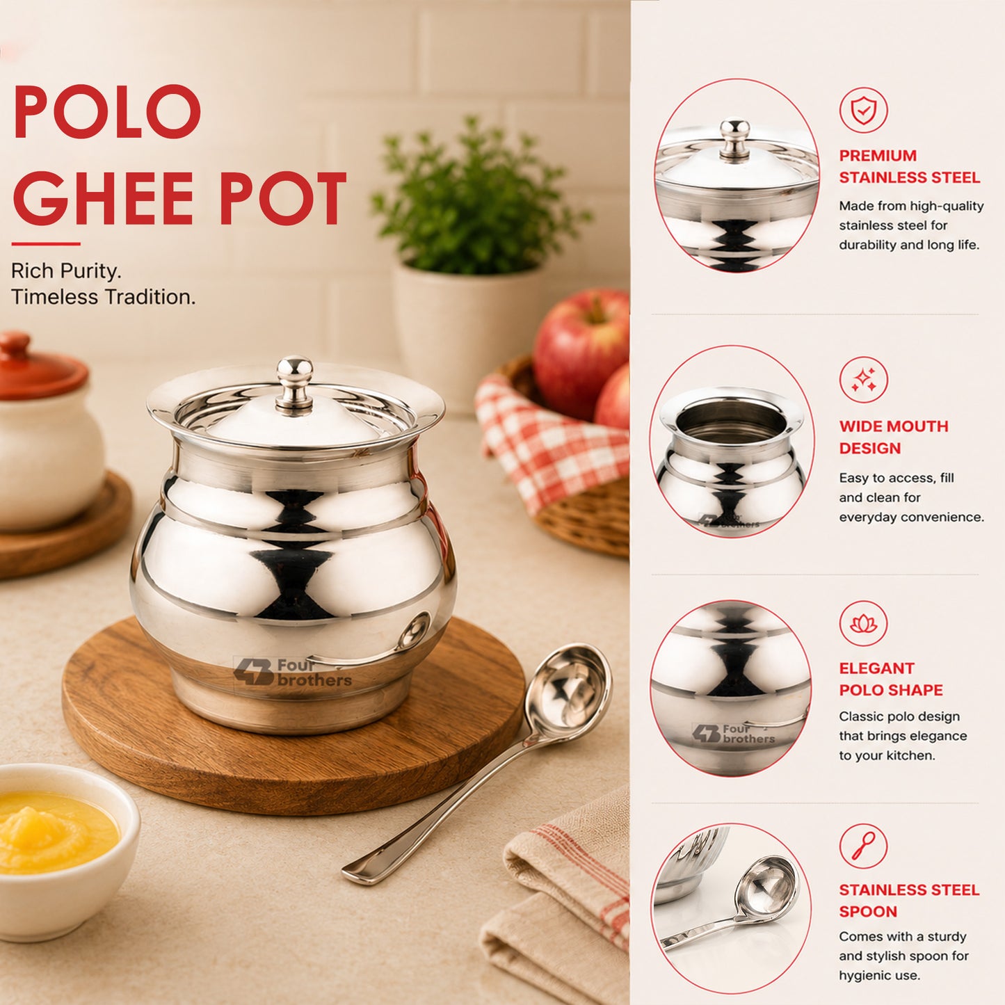 Polo Stainless Steel Ghee Pot with Spoon