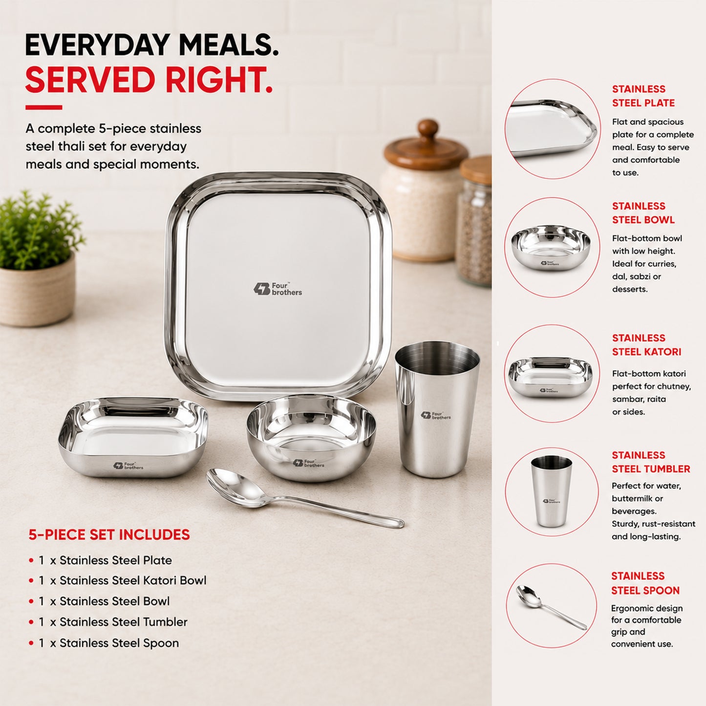 Square Thali Set 5 Pieces – 100% Stainless Steel, Rust‑Proof