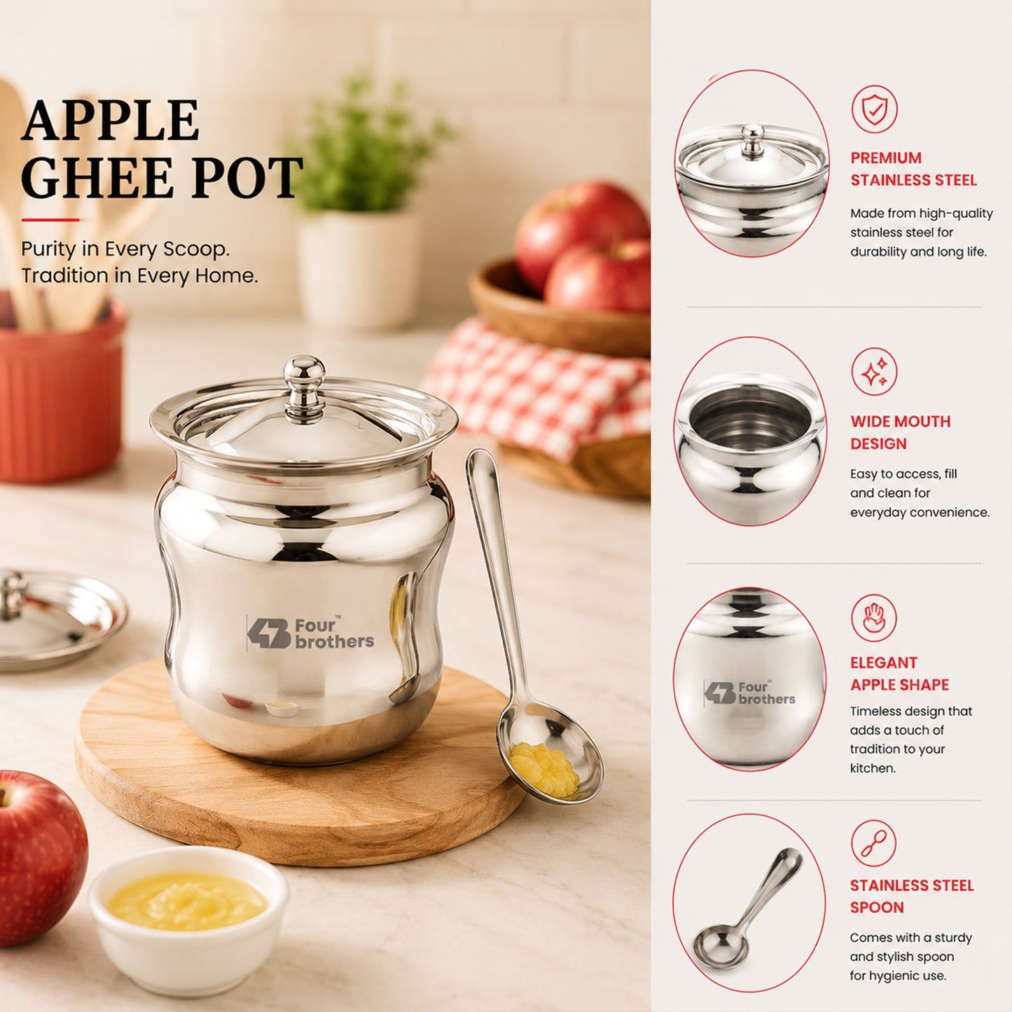 Apple Stainless Steel Ghee Pot with Spoon