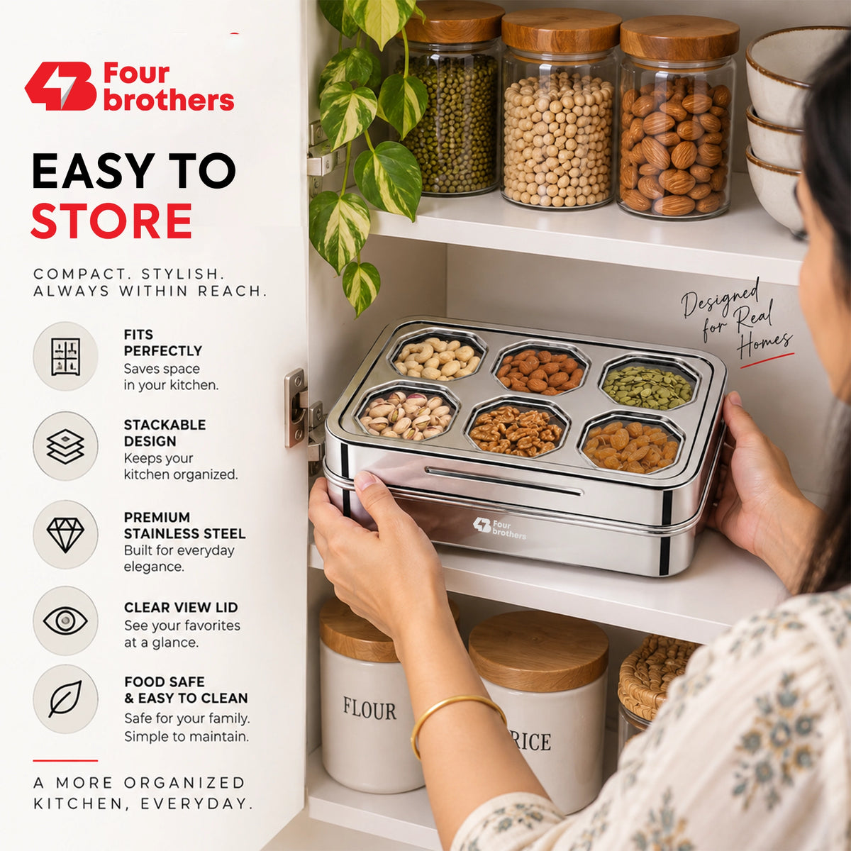 Prism Stainless Steel Spice & Dry Fruit Box, 6 in 1 | Four Brothers