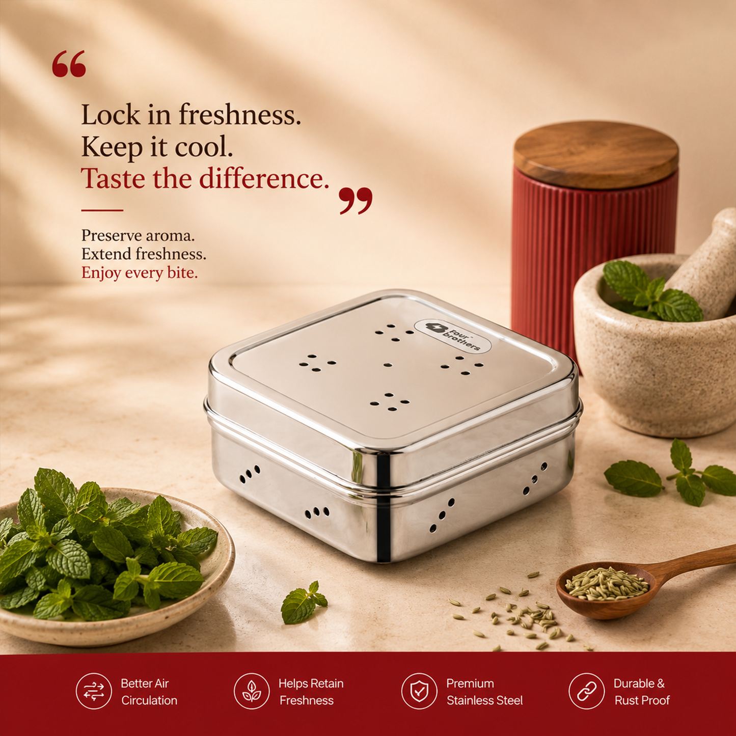 SS Mint & Coriander Storage Box | Fridge Fresh Herb Keeper | 100% Food Grade Steel