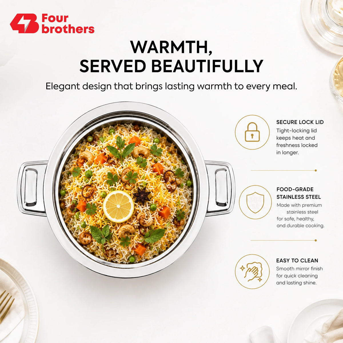 Nexa Hot Pot Stainless Steel Casserole, 1L to 10L | Four Brothers