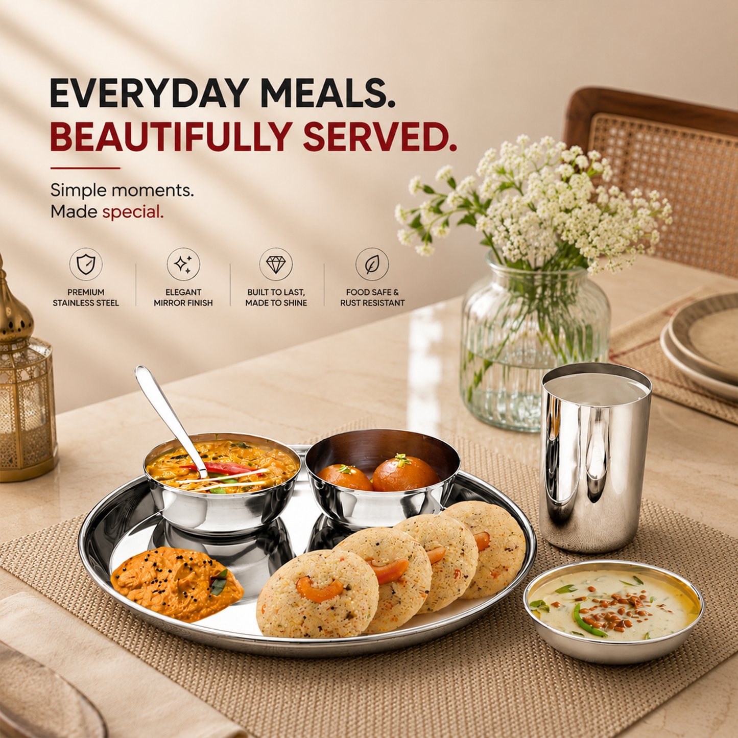 Mily Stainless Steel Thali Set – Laser Print Finish