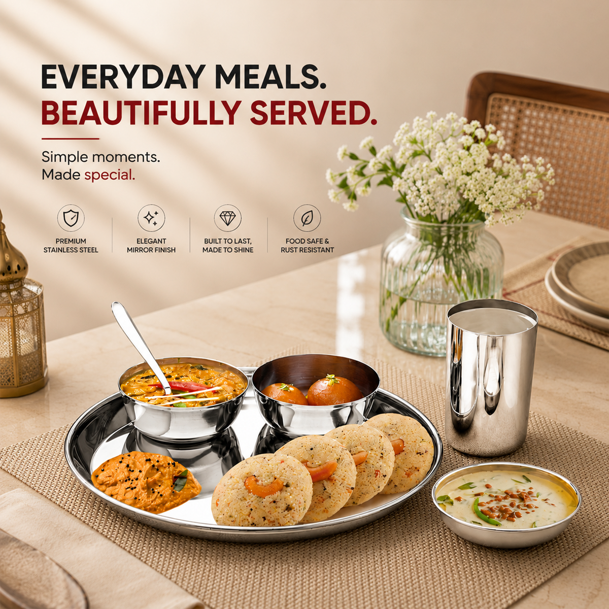 Mily Stainless Steel Thali Set with Laser Print Finish | Four Brothers